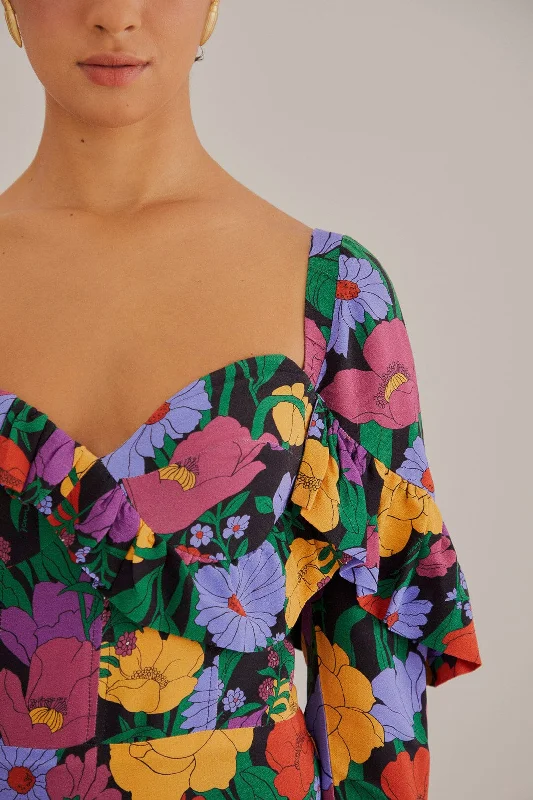 Black Bucolic Garden Long Sleeve Mini Dress