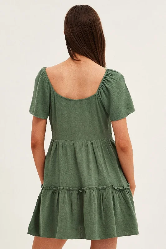 Green Dress Square Neck Short Sleeve Tiered Button Front
