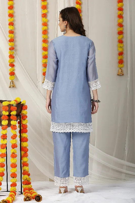 Luxe Grayish-Blue Chanderi Maternity & Nursing Kurta + Bump Band Bottom + Dupatta (3 Pc)