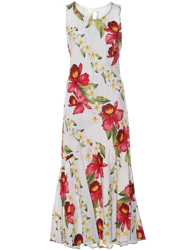 Maxi Long White Dress Hawaiian Orchid Panel