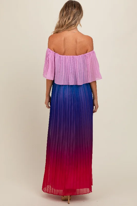 Multicolor Off Shoulder Pleated Maternity Maxi Dress