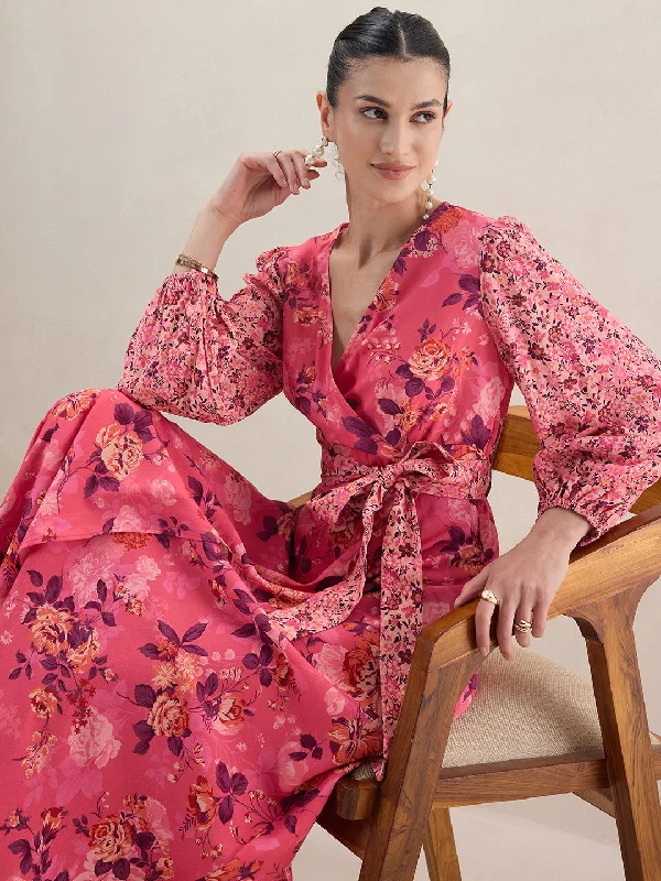 Pink Floral Printed Wrap Maxi Dress