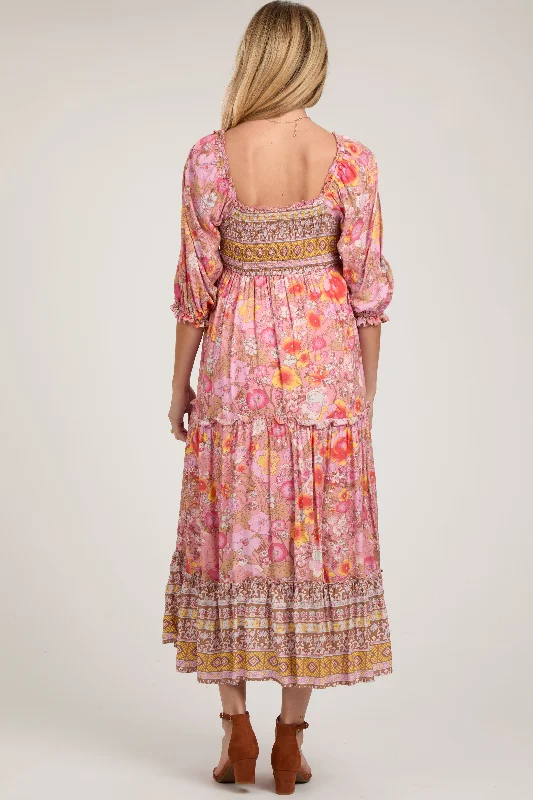 Pink Floral Smocked Half-Length Sleeves Maternity Midi Dress
