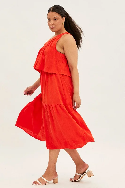 Red Midi Dress One Shoulder Frill Linen Blend