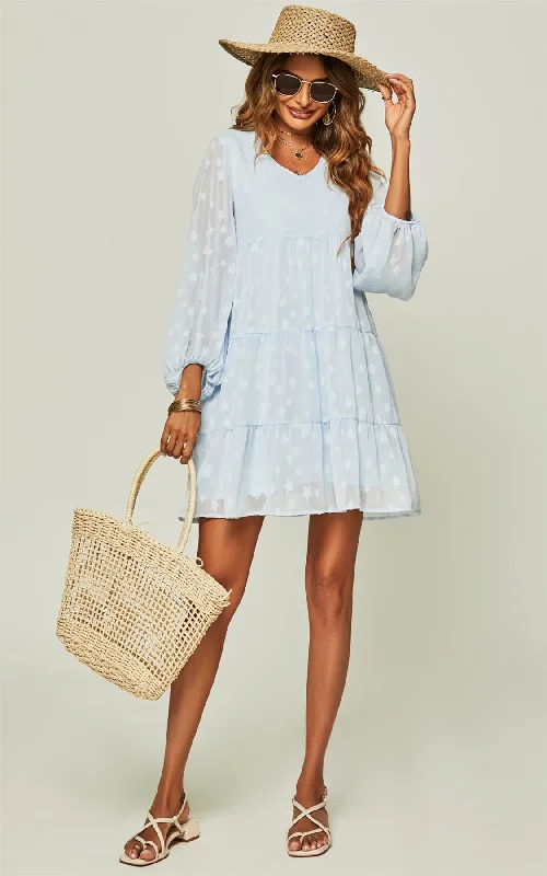 V Neck Long Balloon Sleeve Tiered Dress In Blue & Star Patten